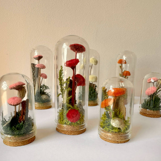 Mushroom Mix Terrarium Glass Cloche Cork Jar & Florals