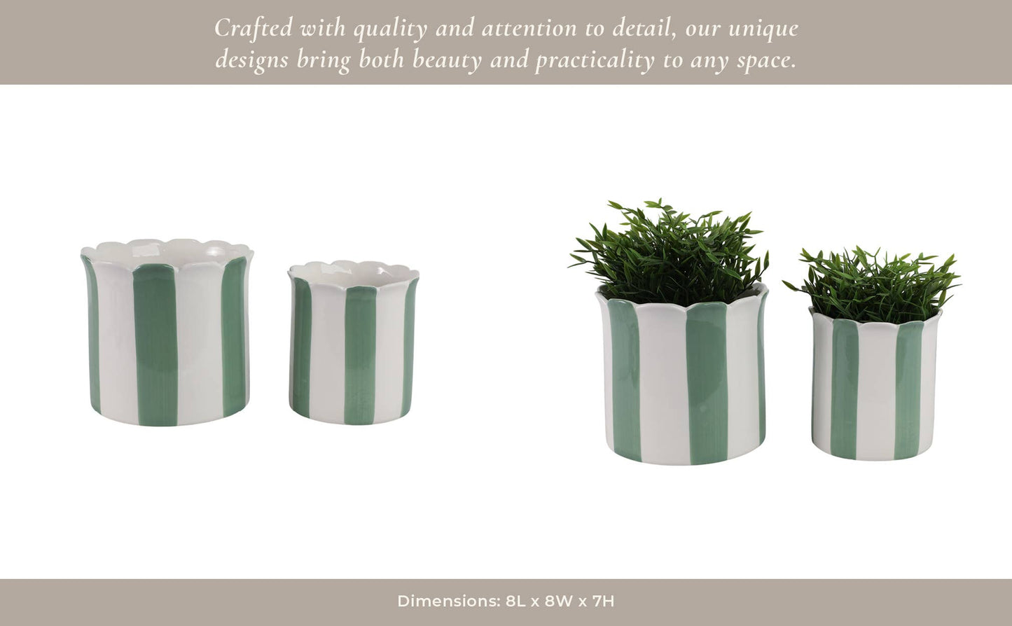 Planters Set of 2 - Green/White Ceramic Striped, 6/8 in.