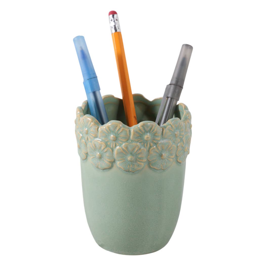 Pencil Cup - Green Ceramic Scalloped Flower Border, 4 in.