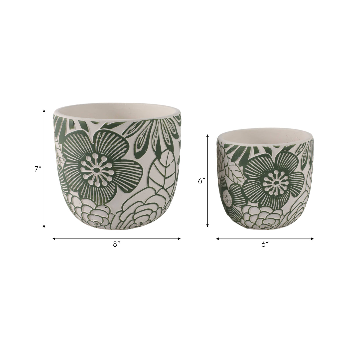 Planter Set of 2 - White/Green Ceramic Floral Power, 6/8 in.