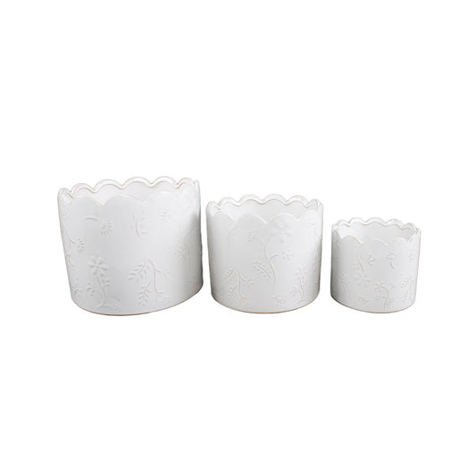 Set of 3 White Scalloped Flower Embossed Planters