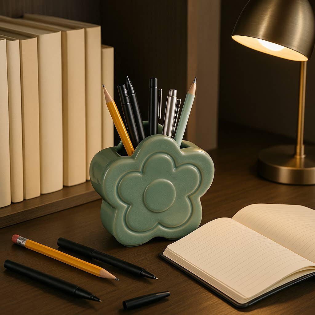 Pencil Cup - Green Ceramic Sculpted Flower Power, 6 in.