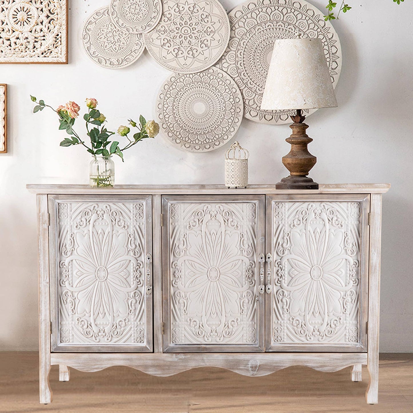 Sideboard Buffet Cabinet with 3 Carved Doors and Shelves