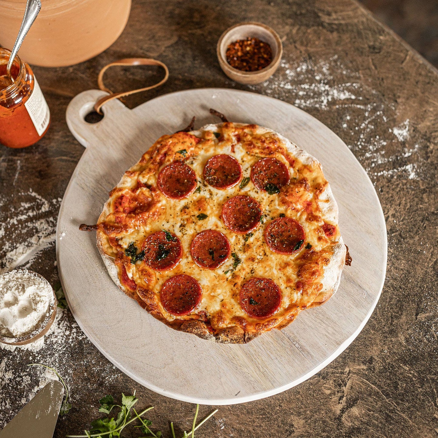 Ashton Round Serving Board Whitewash Wood Leather Loop