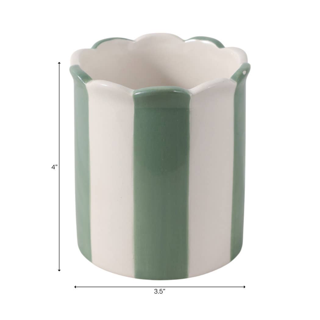 Pencil Cup - Green/Ivory Ceramic Decorative Striped, 4 in.
