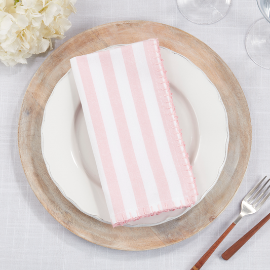 White & Pink Striped Whipstitch Cotton 20" Cloth Napkin