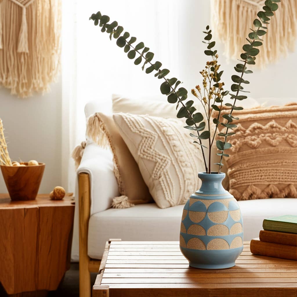 Ceramic Modern Half Circles Bud Table Vase - Blue, 10 in.