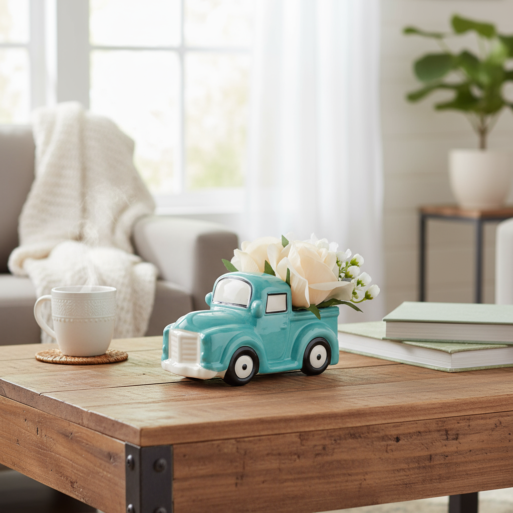 Faux Floral in Blue Ceramic Truck Planter