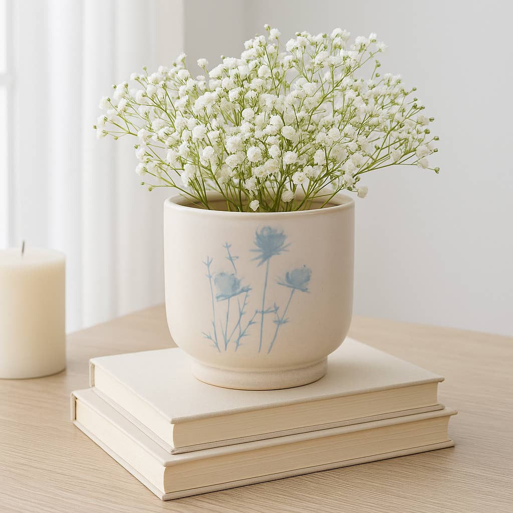 Decorative Planter - Beige Ceramic Blue Flower Design, 5 in.