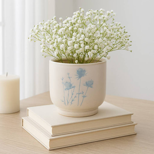 Decorative Planter - Beige Ceramic Blue Flower Design, 5 in.