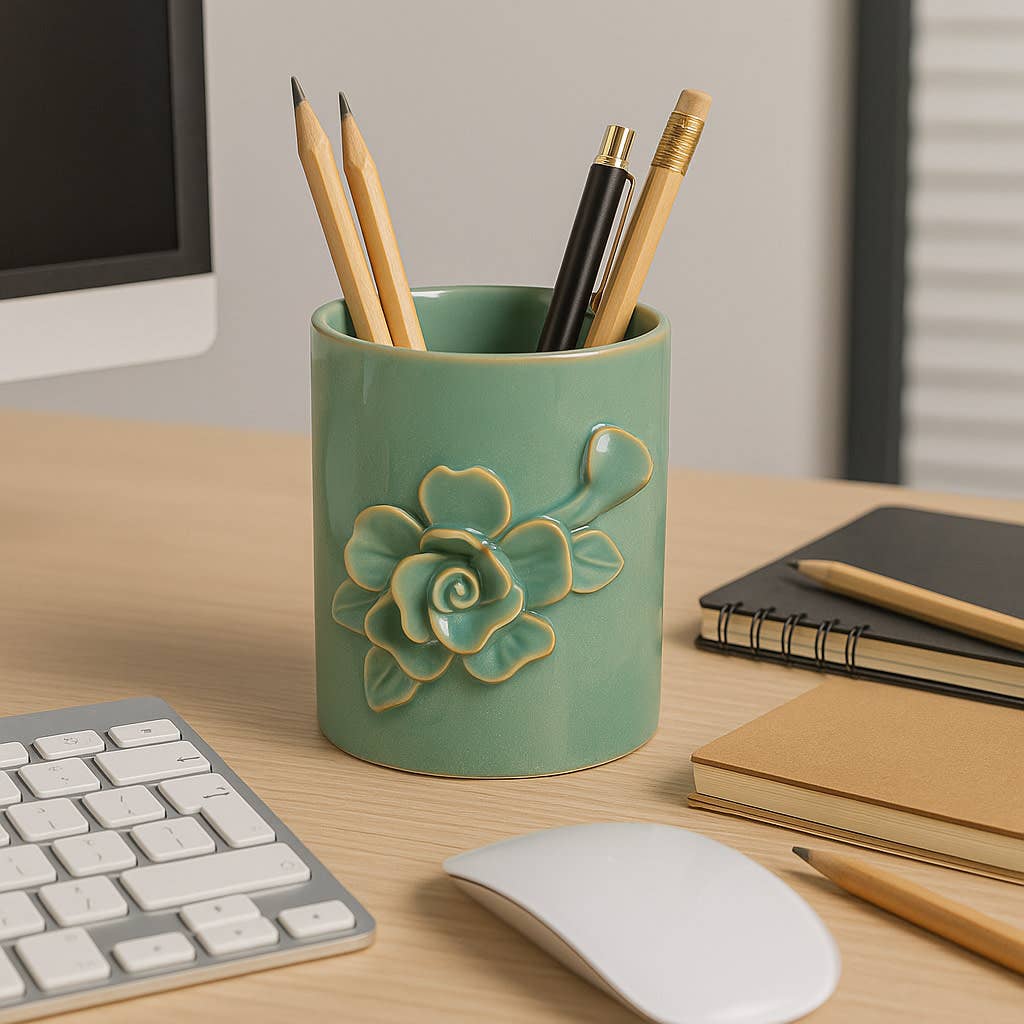 Pencil Cup - Green Ceramic Rose Decorative Applique, 4 in.