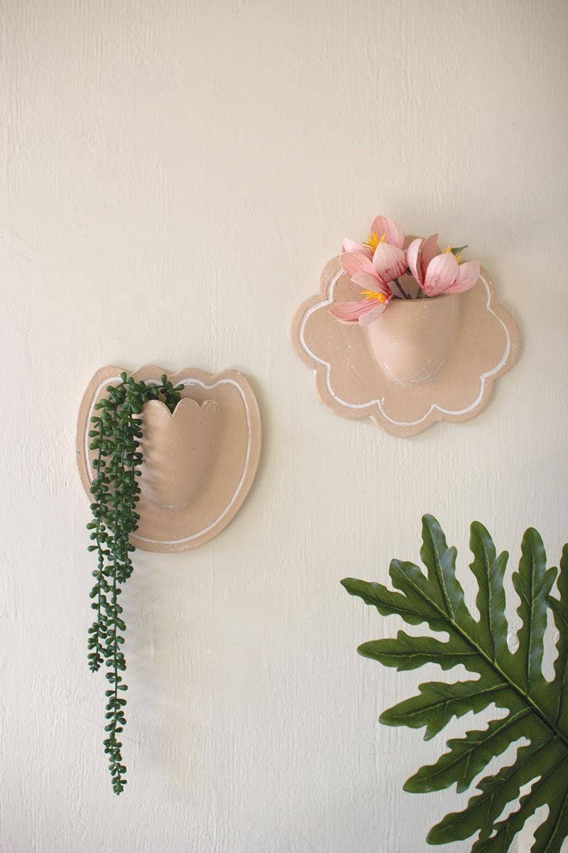 SET OF TWO CLAY FLOWER WALL PLANTERS - WHITE WASH