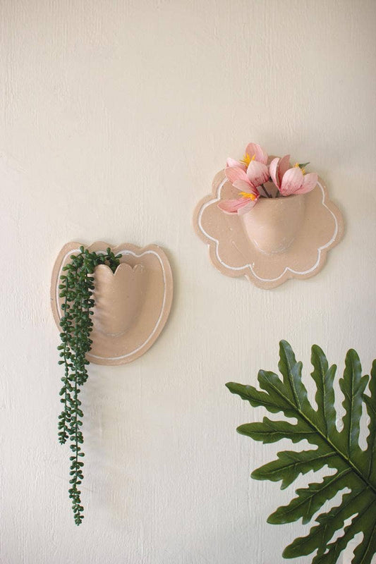SET OF TWO CLAY FLOWER WALL PLANTERS - WHITE WASH
