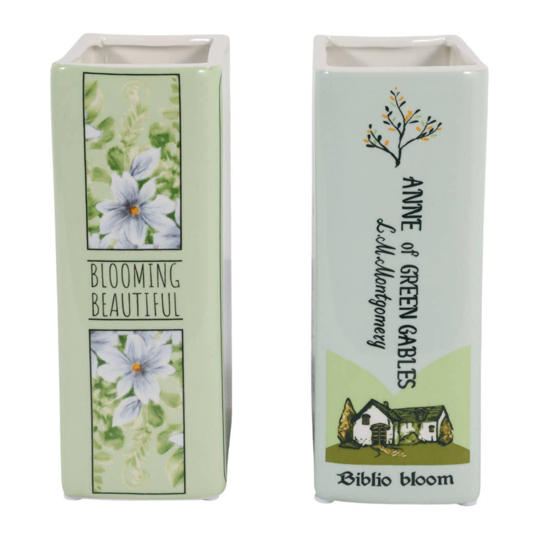 Decorative Vase Set of 2 - Green Ceramic Floral Book, 8 in.