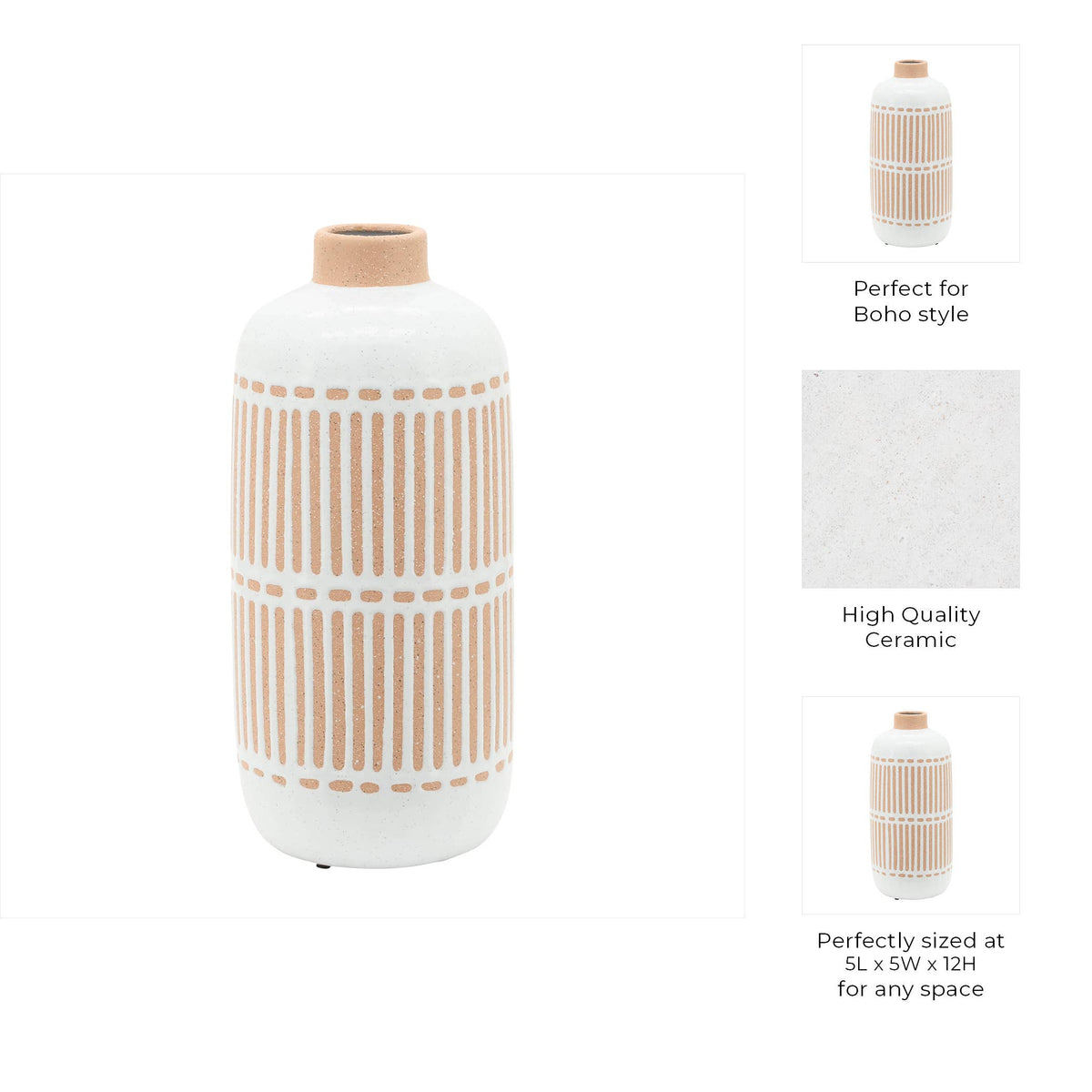 Decorative Vase - Ivory Ceramic Aztec Grooved Line, 12 in.