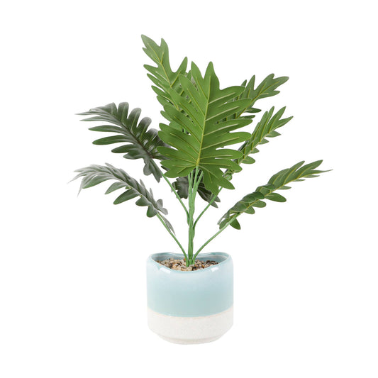 Tropical Faux Philodendron in Blue Ceramic Pot, 16” Tall