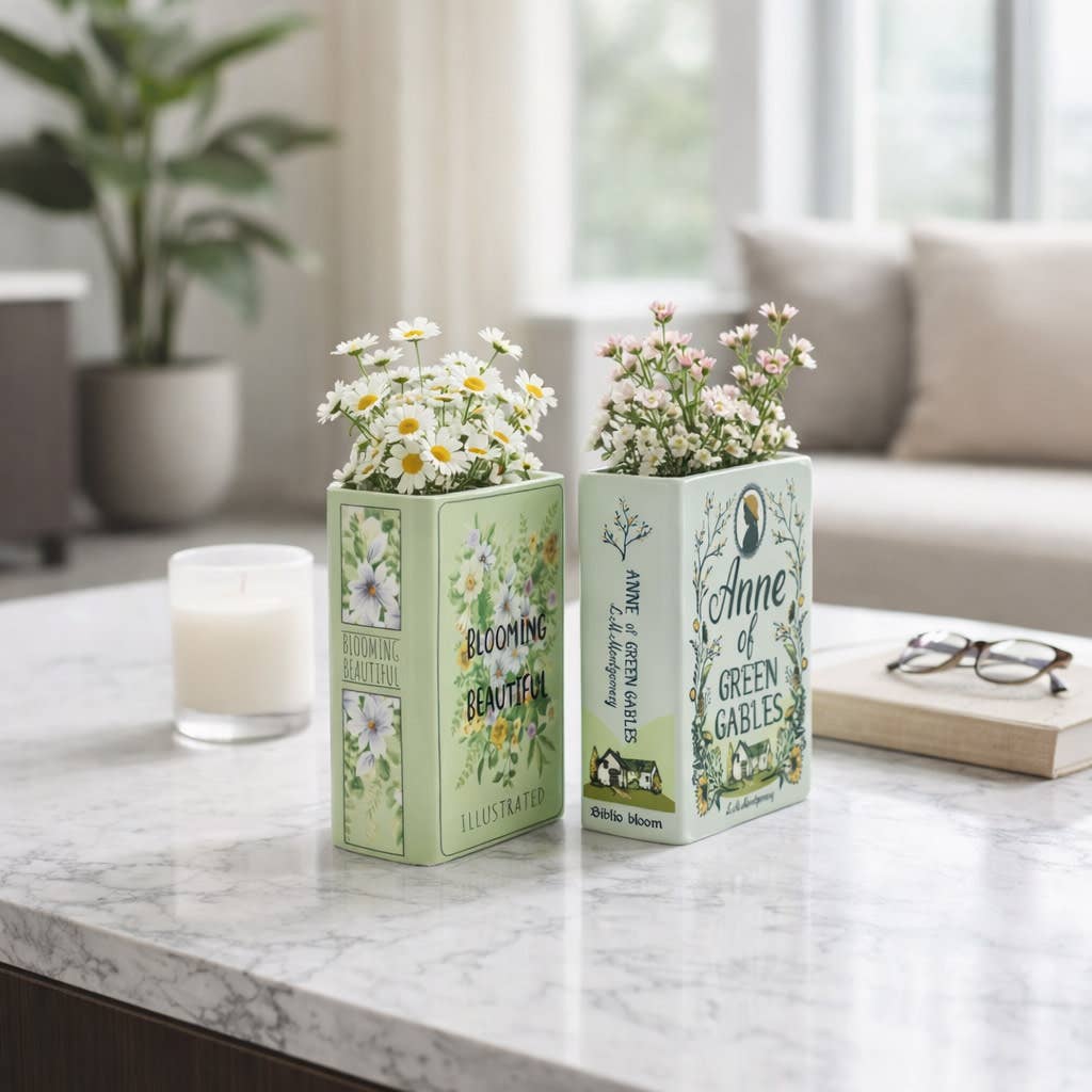 Decorative Vase Set of 2 - Green Ceramic Floral Book, 8 in.
