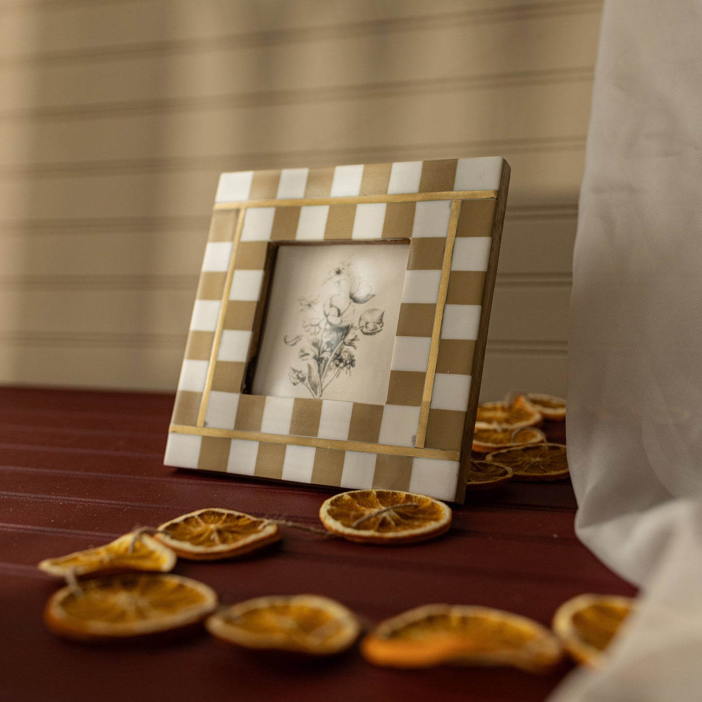 4x4 Gwendolyn Check Photo Frame Tan With Brass Inlay