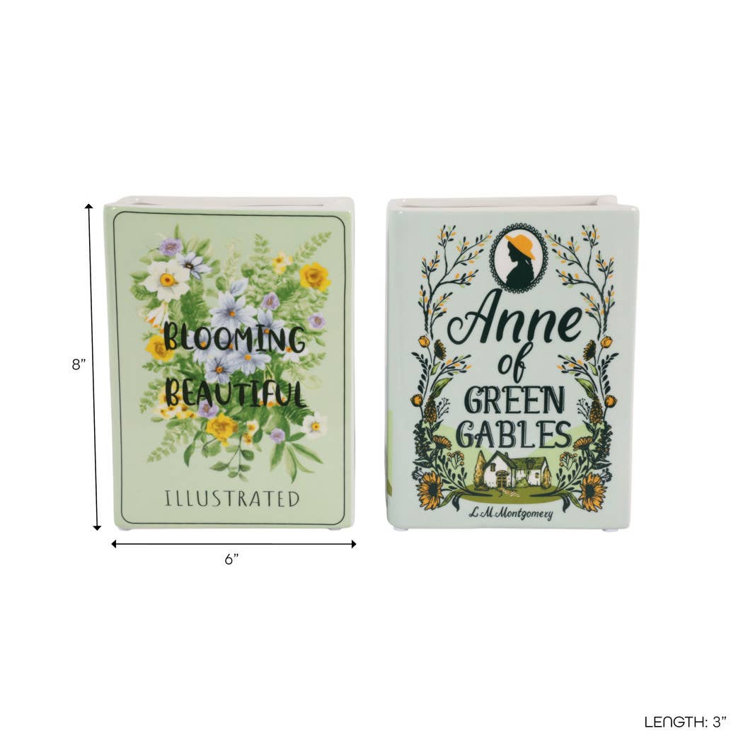 Decorative Vase Set of 2 - Green Ceramic Floral Book, 8 in.