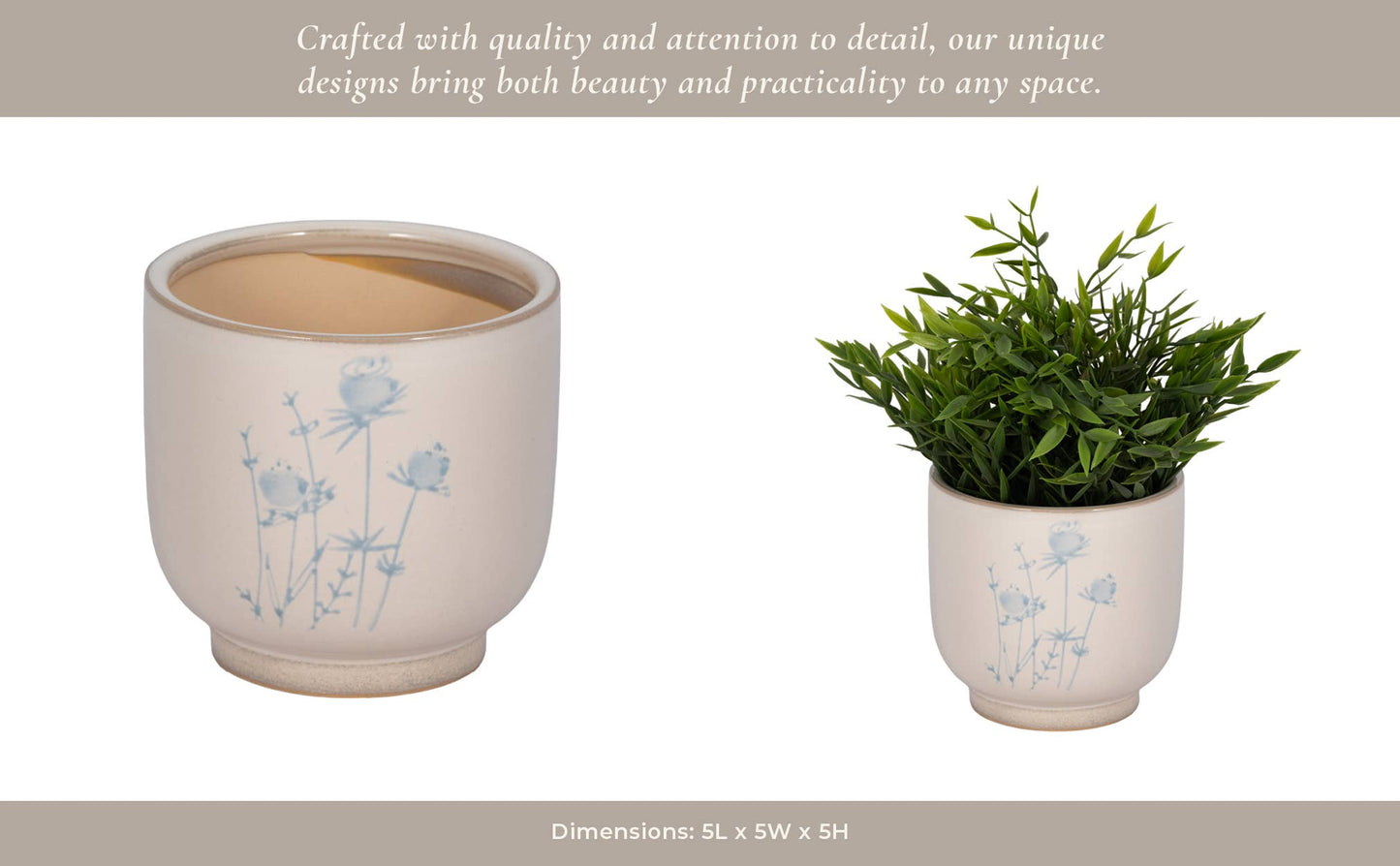 Decorative Planter - Beige Ceramic Blue Flower Design, 5 in.