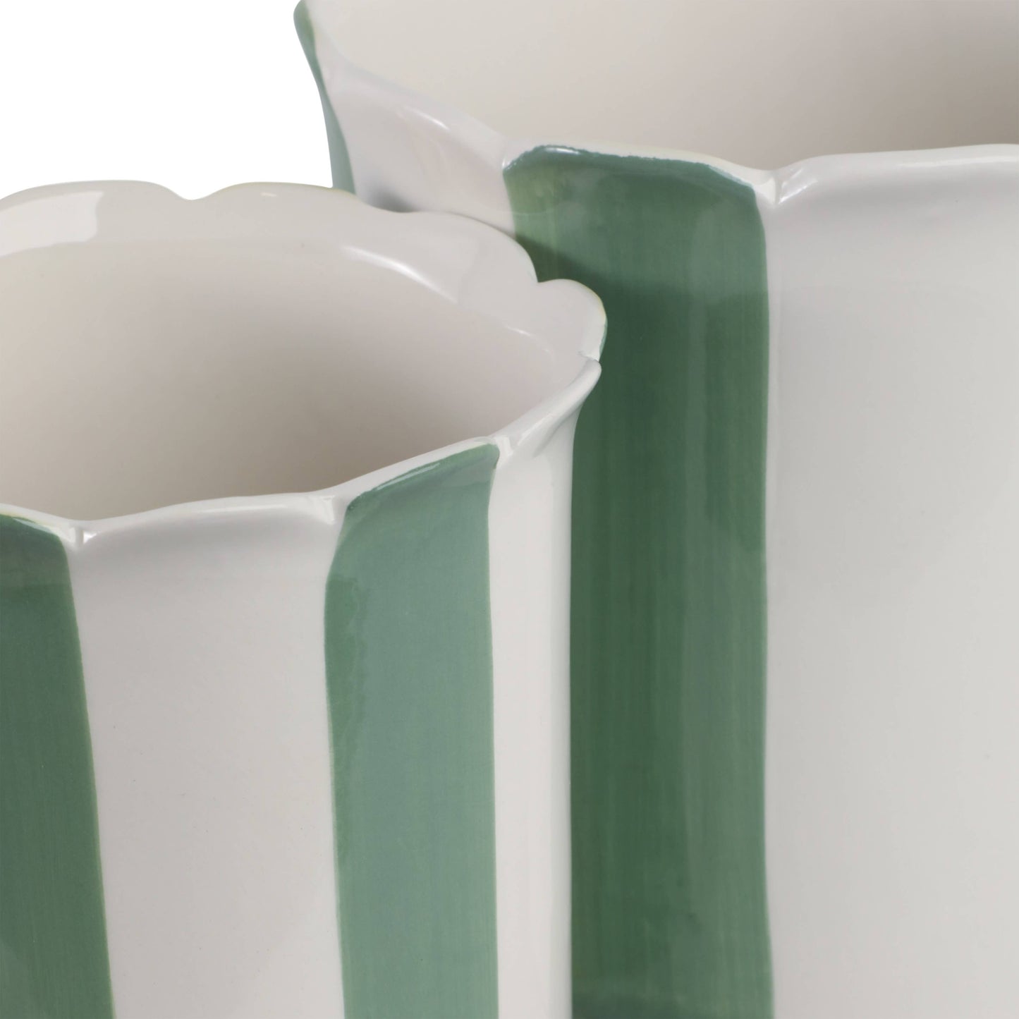 Planters Set of 2 - Green/White Ceramic Striped, 6/8 in.