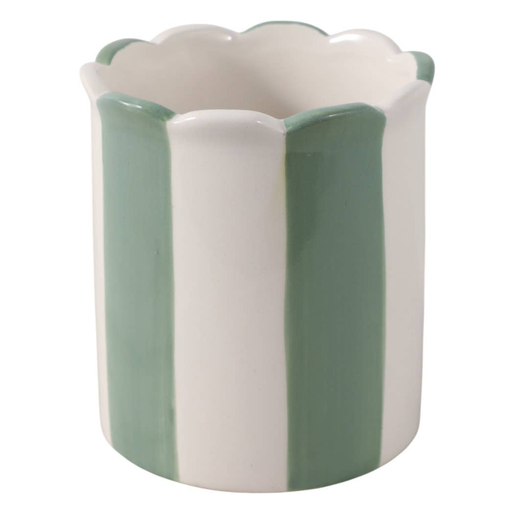 Pencil Cup - Green/Ivory Ceramic Decorative Striped, 4 in.