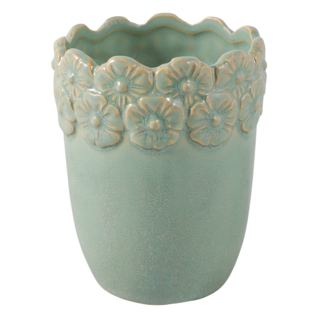Pencil Cup - Green Ceramic Scalloped Flower Border, 4 in.
