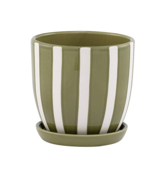 Green/White Stripe Planter with Saucer  #17487