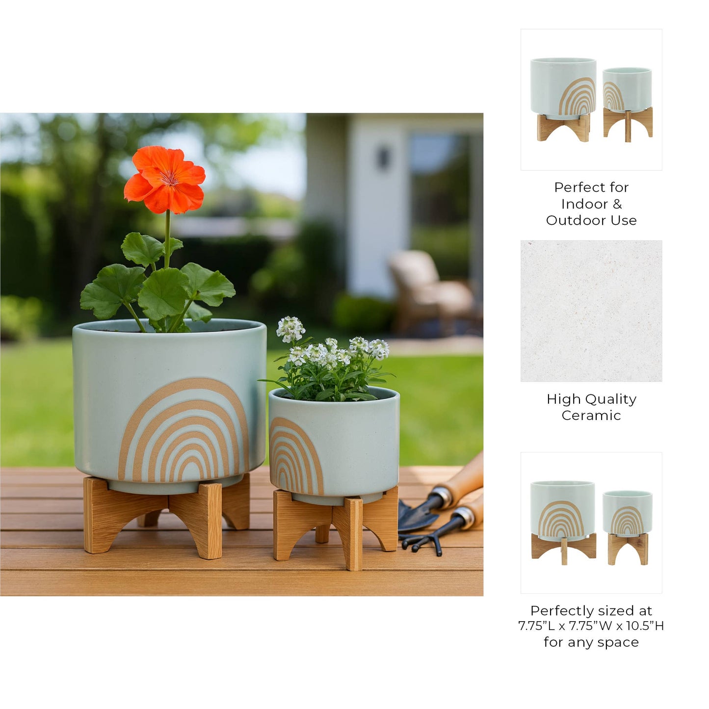 Planter Pots Set of 2 - Green Ceramic Arch Stand, 5/8 in.
