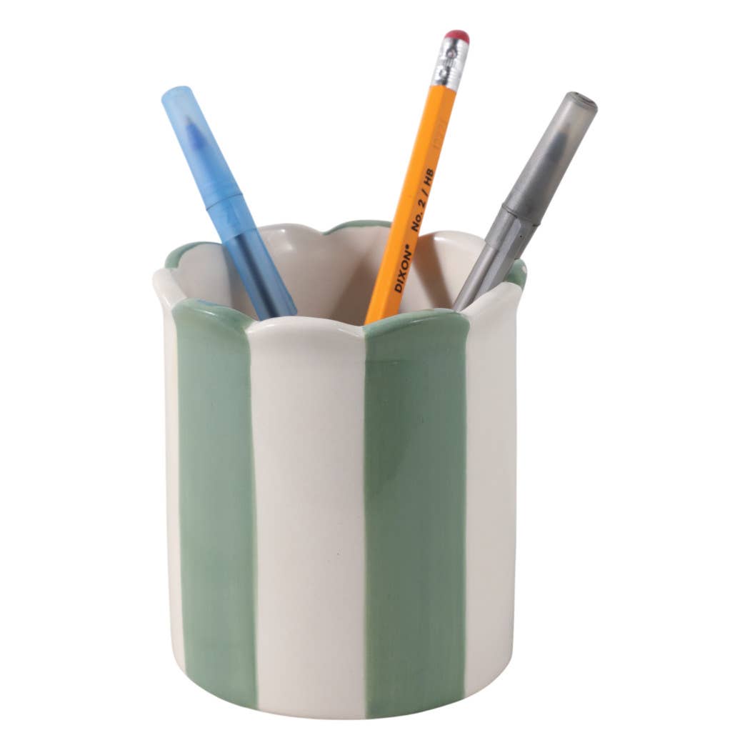 Pencil Cup - Green/Ivory Ceramic Decorative Striped, 4 in.