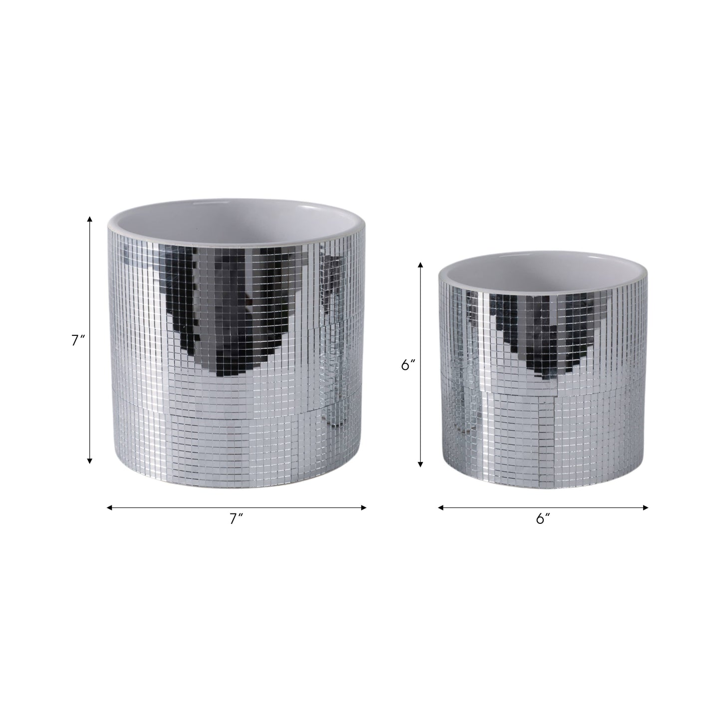 Planters Set of 2 - Silver Ceramic Disco Mirror, 6/7 in.