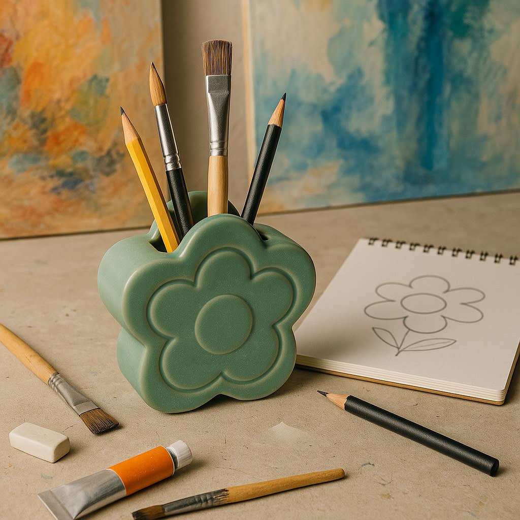 Pencil Cup - Green Ceramic Sculpted Flower Power, 6 in.