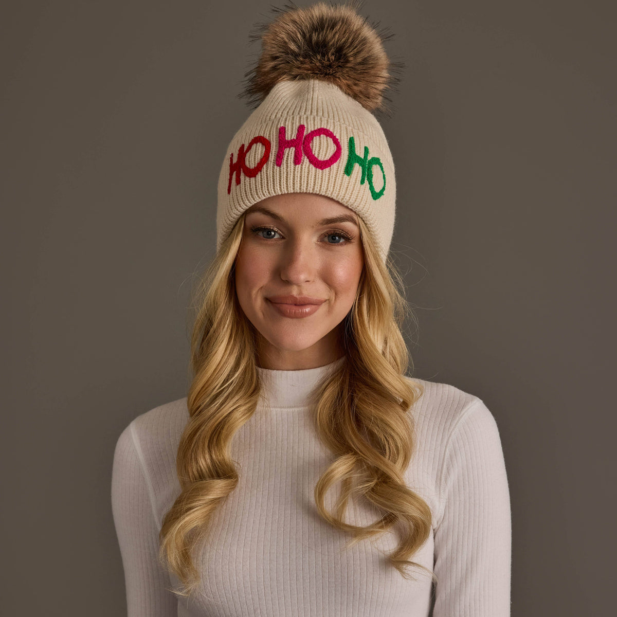 Beige Ho Ho Ho Knit Pom Hat