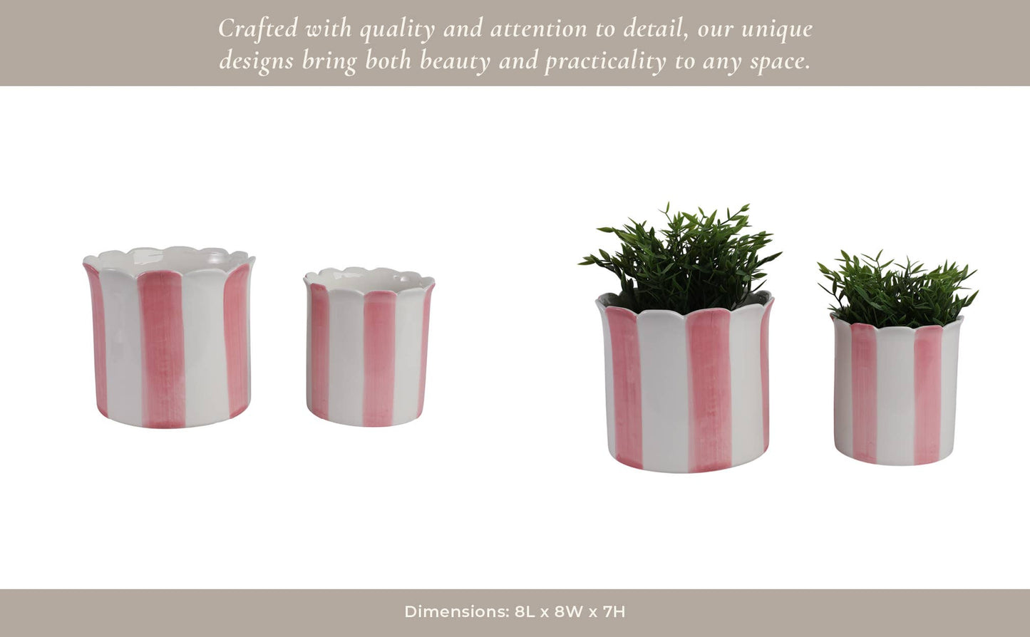 Planters Set of 2 - Pink Ceramic Striped Scallop, 6/8 in.