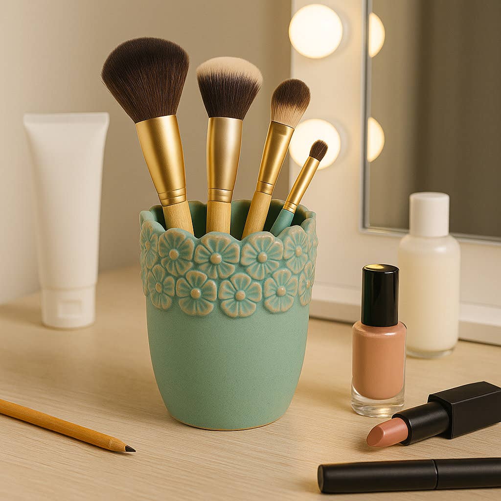Pencil Cup - Green Ceramic Scalloped Flower Border, 4 in.