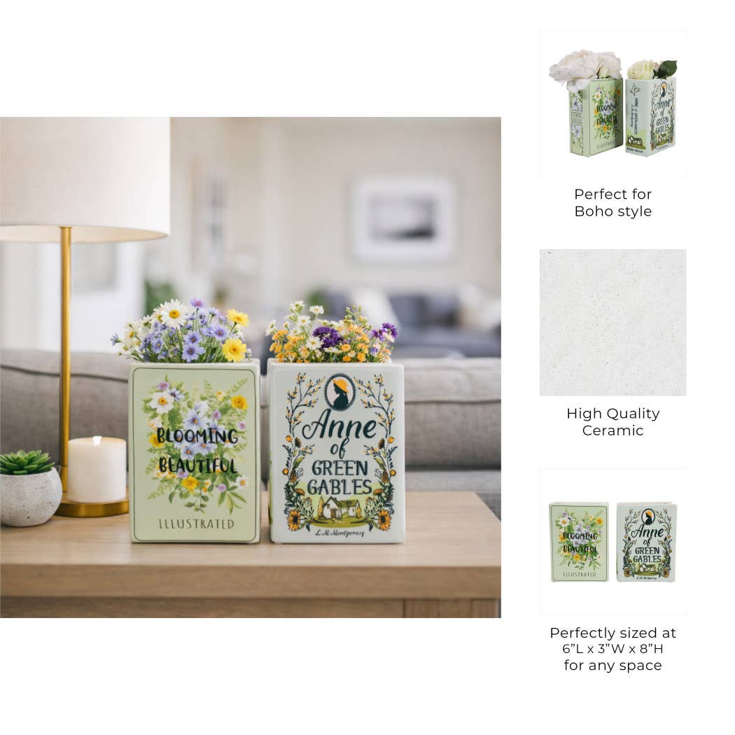 Decorative Vase Set of 2 - Green Ceramic Floral Book, 8 in.