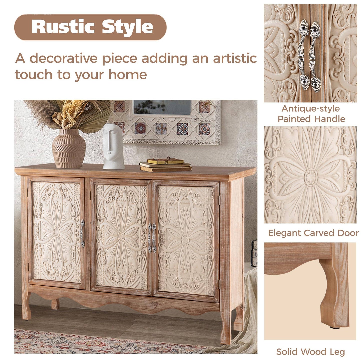 Sideboard Buffet Cabinet with 3 Carved Doors and Shelves