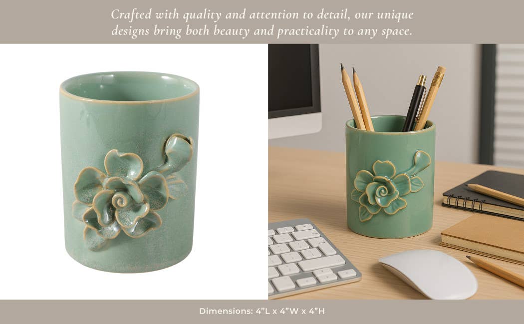 Pencil Cup - Green Ceramic Rose Decorative Applique, 4 in.