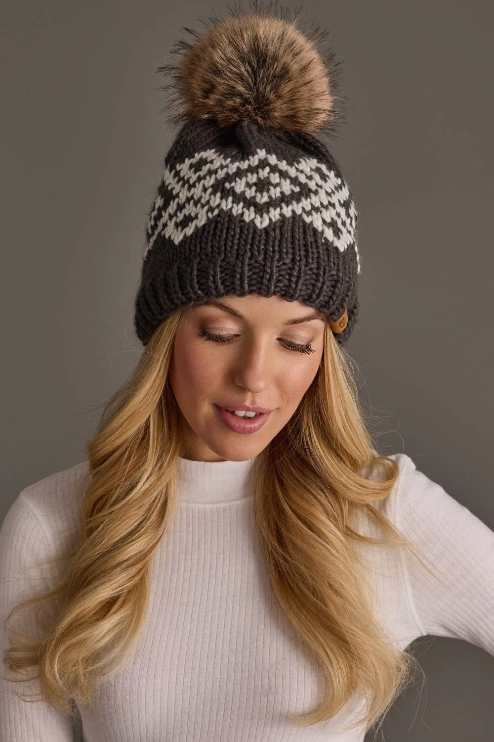 Dk. Gray & White Patterned Pom Hat