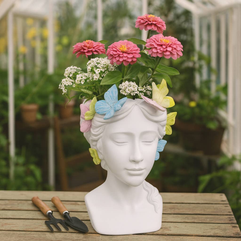 Planter - White Polyresin Lady with Butterflies, 7 in.