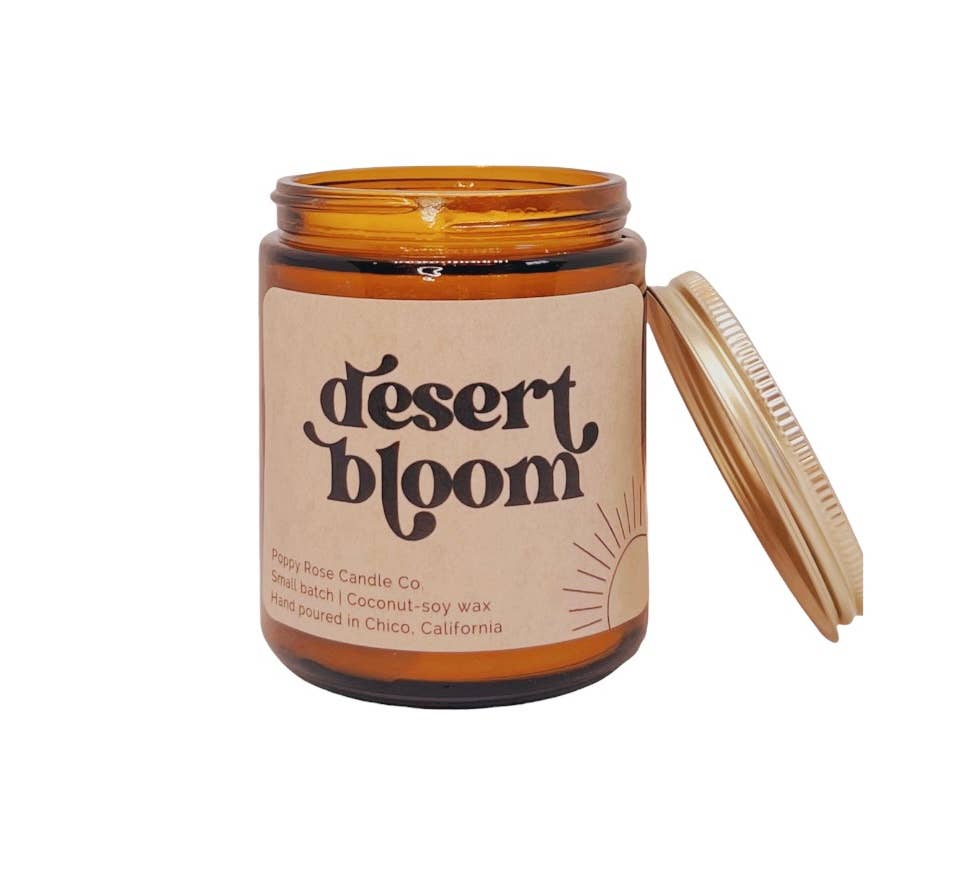 Desert Bloom 8 oz coconut wax candle in amber jar