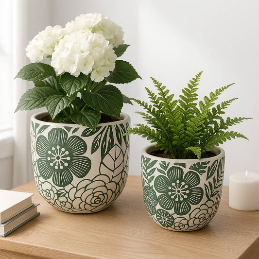Planter Set of 2 - White/Green Ceramic Floral Power, 6/8 in.
