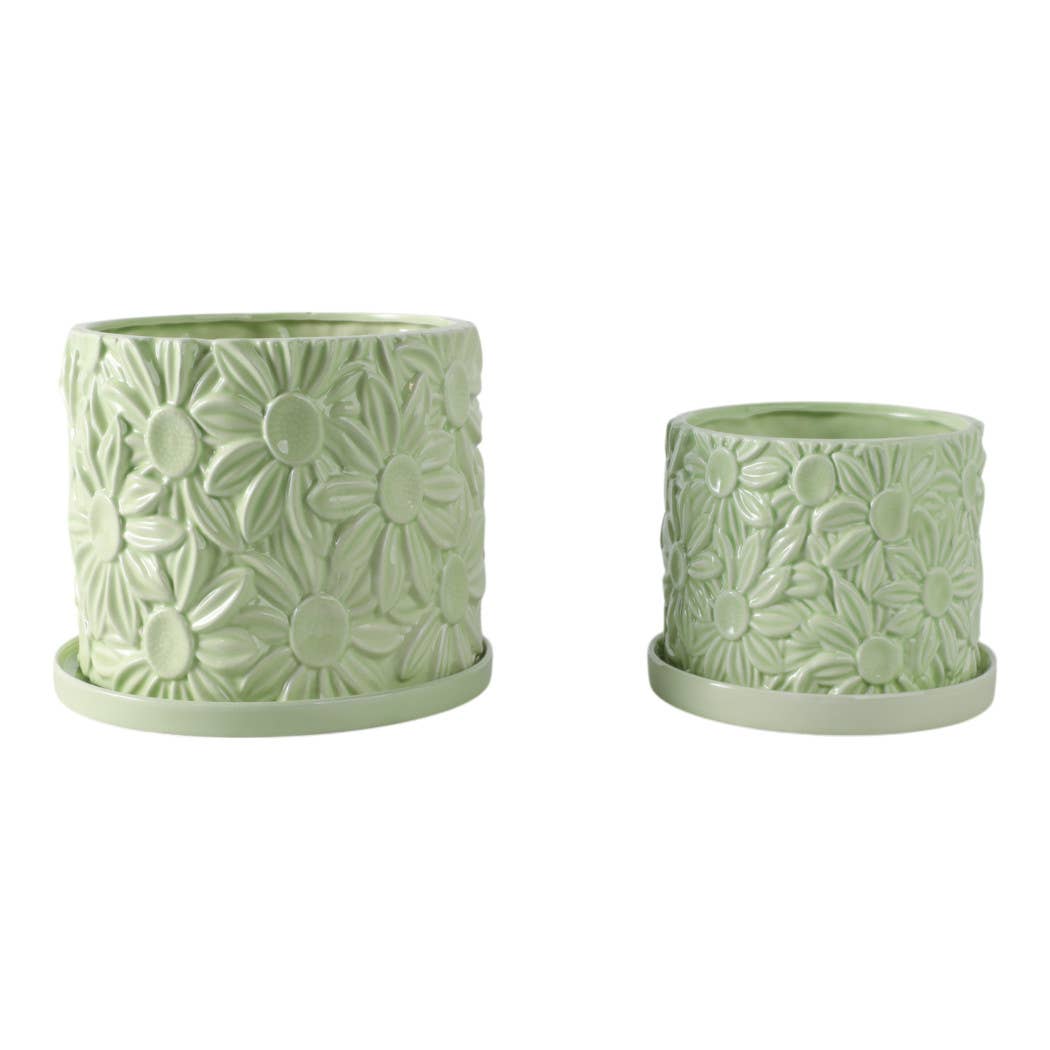 Green 6/8 in. Ceramic Daisy Flower Planter (Set of 2)