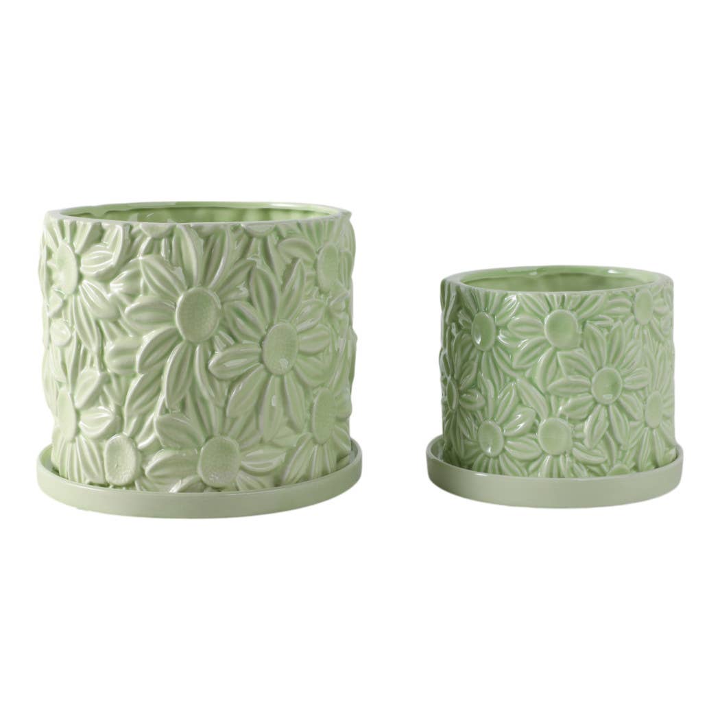Green 6/8 in. Ceramic Daisy Flower Planter (Set of 2)