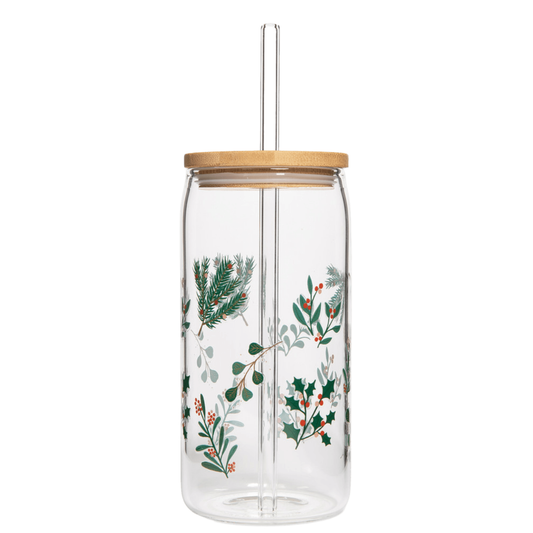 Holly 17 oz Can Glass w/ Straw & Lid - Christmas Gifts