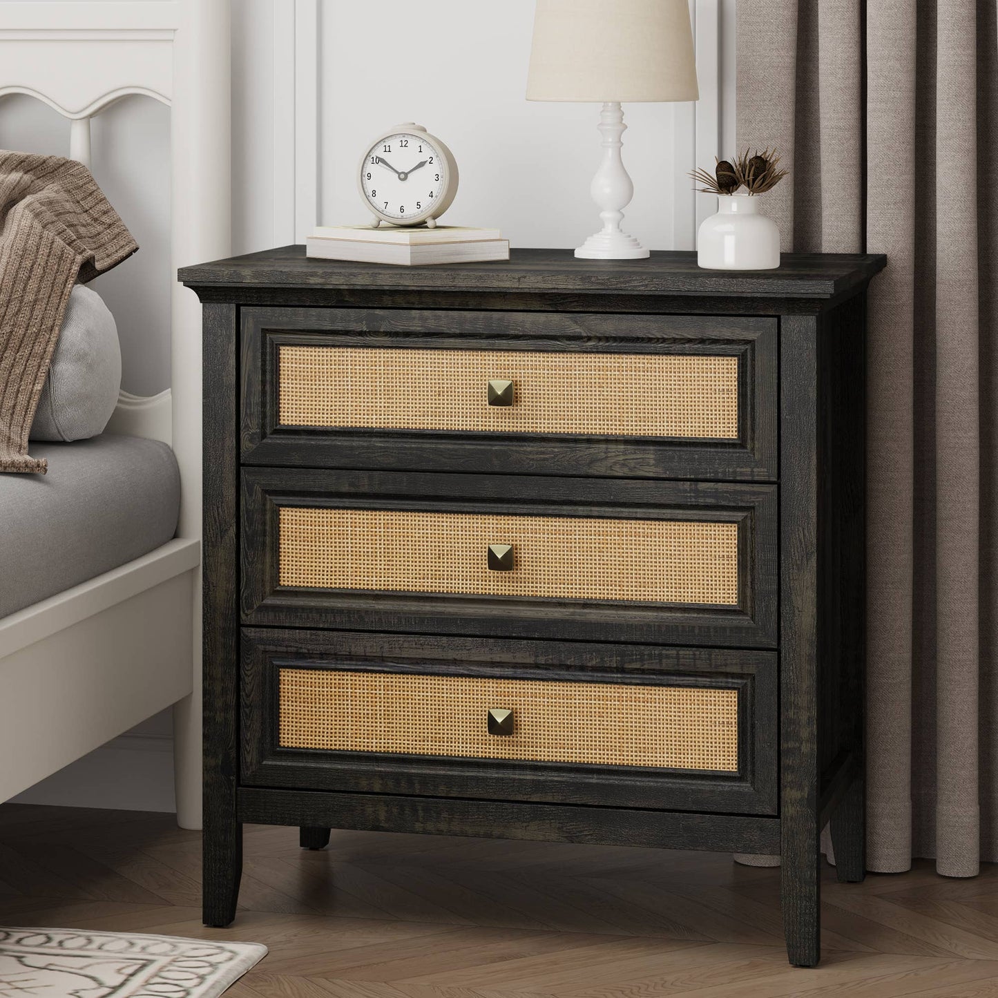 3 Drawer Dresser, Cane Nightstand with Rattan Drawers