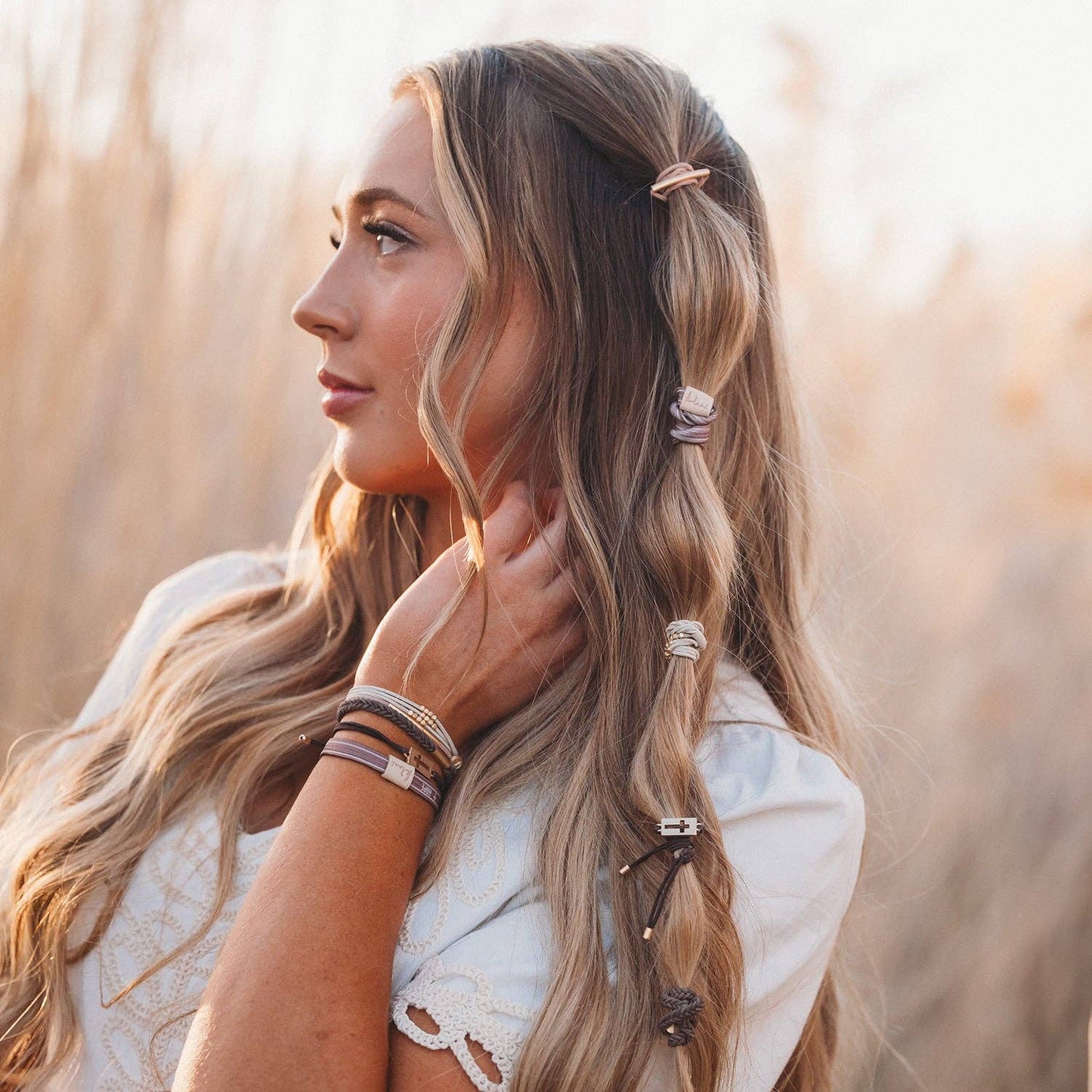 "Faith" Warm Neutrals with Gold Cross Hair Tie Bracelets