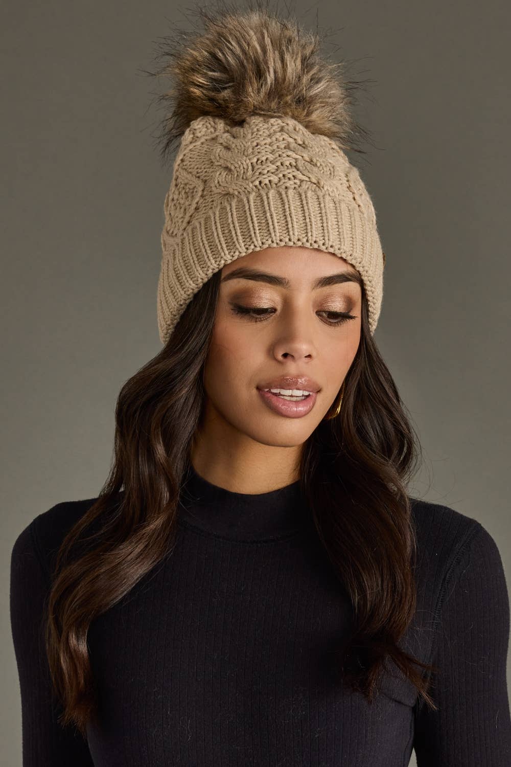 Taupe Cable Knit Pom Hat