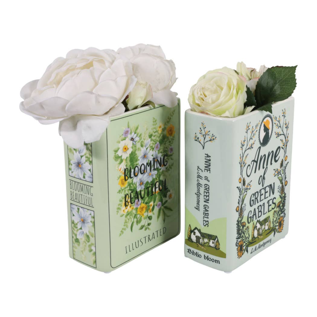 Decorative Vase Set of 2 - Green Ceramic Floral Book, 8 in.
