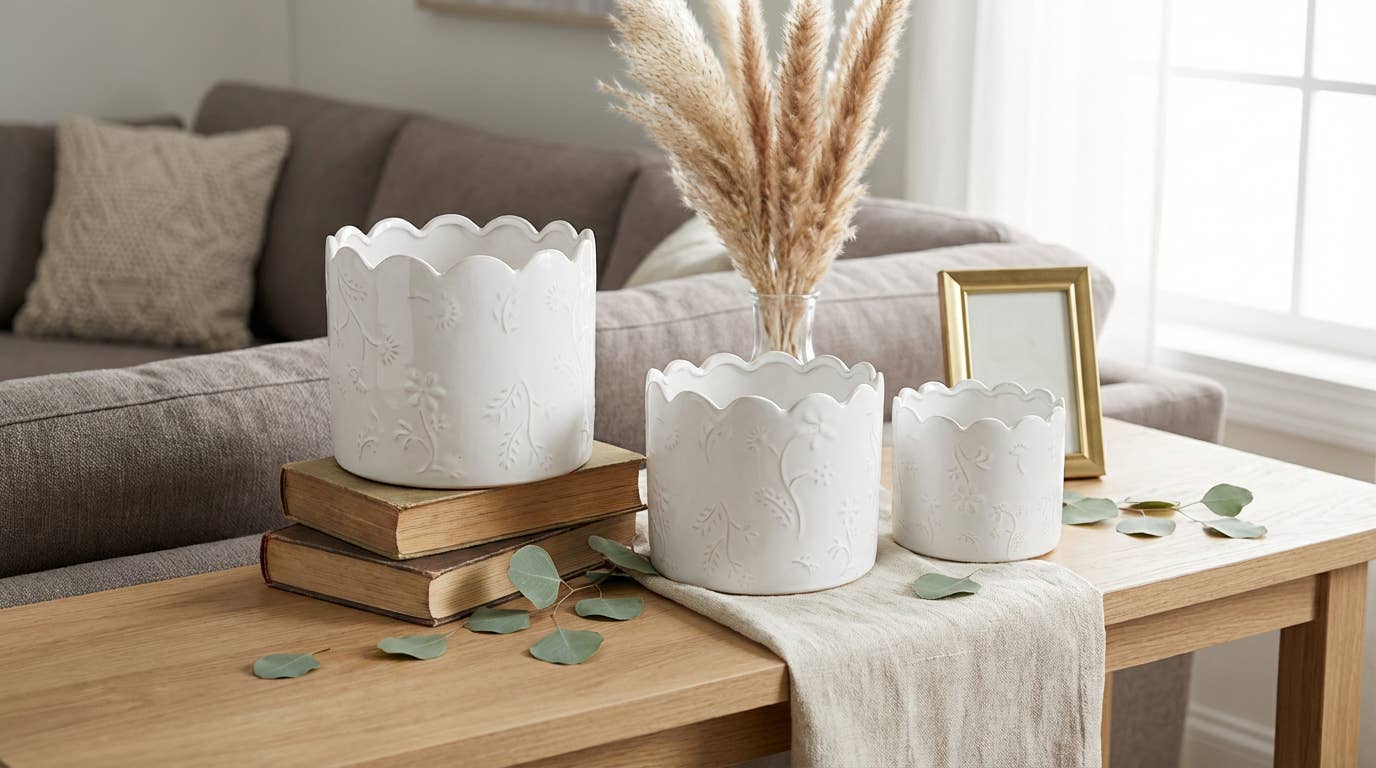 Set of 3 White Scalloped Flower Embossed Planters